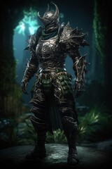 Fototapeta premium dark knight, with black armor, standing against a black background
