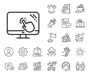Online quiz test sign. Salaryman, gender equality and alert bell outline icons. Touch screen line icon. Touch screen line sign. Spy or profile placeholder icon. Online support, strike. Vector