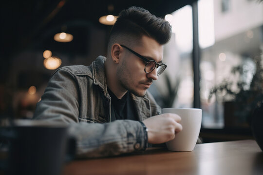 A person enjoying a cup of coffee in a coffee shop. Generative ai