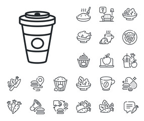 Hot drink sign. Crepe, sweet popcorn and salad outline icons. Takeaway Coffee or Tea line icon. Beverage symbol. Takeaway Coffee line sign. Pasta spaghetti, fresh juice icon. Supply chain. Vector