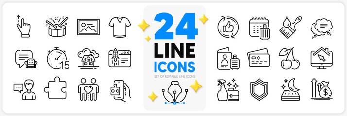 Icons set of Brush, Card and Refresh like line icons pack for app with Security, Mattress, Cherry thin outline icon. Text message, Puzzle game, T-shirt pictogram. Puzzle, Friends couple, Drums. Vector