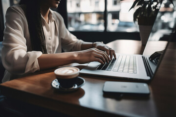 A person enjoying a cup of coffee in a coffee shop, while working on their laptop. Generative ai