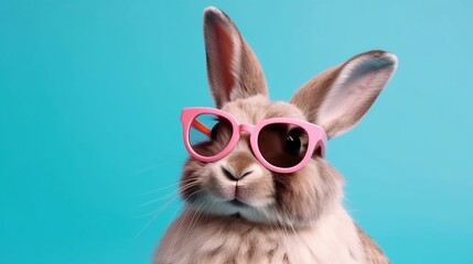 Fototapeta na wymiar Cool bunny with sunglasses on colorful background. Generative AI