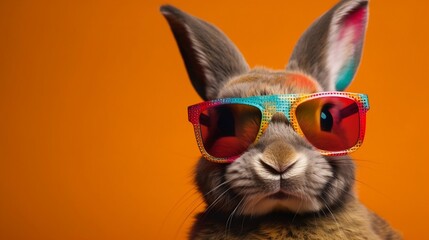 Cool brown bunny with sunglasses on colorful background. Generative AI