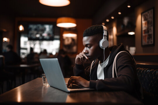 Young dark skinned man enjoying a cup of coffee in a coffee shop, while listening a music on his laptop. Generative ai