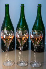 Tasting of rose brut Champagne sparkling wine in cellars of gran cru wine house in Epernay, wine tour in Champagne, France