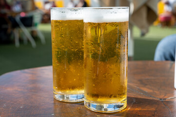 Fresh draught lager or IPA beer is glass served in outdoor cafe close up, pint of beer close up