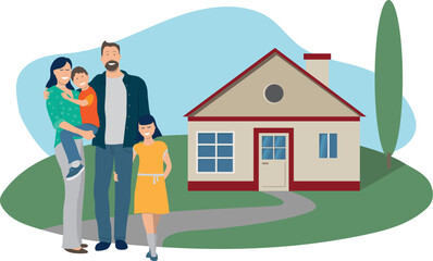 illustration vectorielle en flat design montrant un e famille heureuse devant sa maison dans son jardin