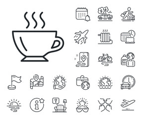 Hot drink sign. Plane jet, travel map and baggage claim outline icons. Coffee cup line icon. Cappuccino symbol. Coffee line sign. Car rental, taxi transport icon. Place location. Vector