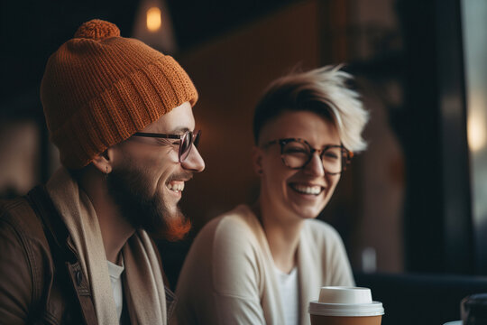 Young attractive couple drink coffee and have a rest in cozy loft coffee shop. Generative ai