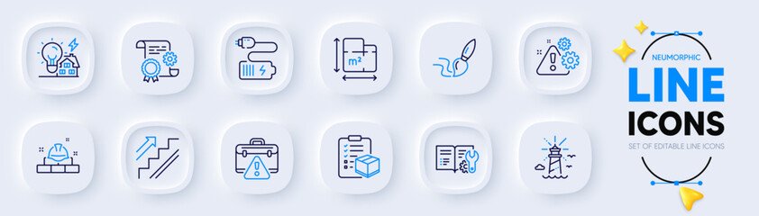 Warning, Parcel checklist and Construction document line icons for web app. Pack of Building energy, Engineering documentation, Construction bricks pictogram icons. Brush, Floor plan. Vector