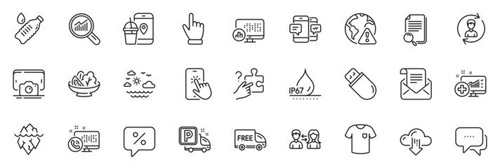 Icons pack as People communication, Smartphone sms and Free delivery line icons for app include Mail newsletter, Usb stick, Truck parking outline thin icon web set. Discount message. Vector