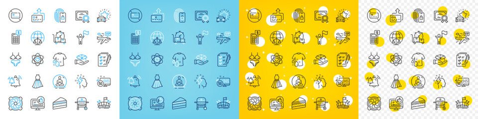 Vector icons set of Wash t-shirt, Cake and Hold box line icons pack for web with Car review, Arena, Leadership outline icon. Certificate, Card, Vip flight pictogram. Dress, 5g internet, Yoga. Vector