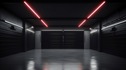 black empty garage with red neon lights. ai generative - obrazy, fototapety, plakaty