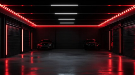 black empty garage with red neon lights. ai generative - obrazy, fototapety, plakaty