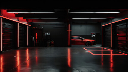 black empty garage with red neon lights. ai generative