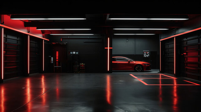 black empty garage with red neon lights. ai generative