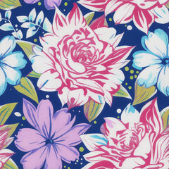 Fototapeta na wymiar Floral plant pattern of vintage flowers on a blue background
