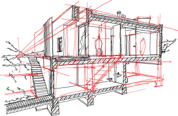 hand drawn architectural sketch of section of modern two story detached house with flat roof and garden