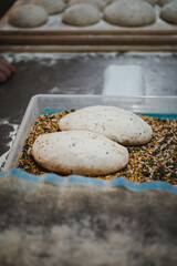 Raw seeds bread dough dipping in container full of seeds in artisan bakery
