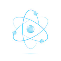 Atom orbit icon. Quantum physics. Blue color realistic molecule isolated on white background. Medical symbol. Nuclear energy. Ion glowing structure. Fusion reactor. Proton core. Vector illustration © Omeris