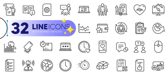 Outline set of Voting ballot, Qr code and Computer mouse line icons for web with Web lectures, Teamwork, People chatting thin icon. Time, Manual, Search pictogram icon. Survey checklist. Vector