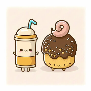 Donut and Beverage Kawaii Cute Illustration, Generative AI