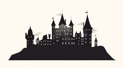 Fototapeta premium Minimalist black castle silhouette, elegant and simple vector illustration on blank background, generative AI
