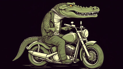 Green crocodile on a motorcycle on a black - obrazy, fototapety, plakaty