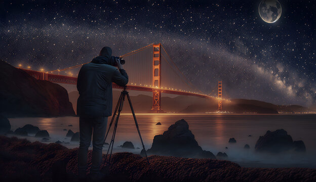 Man is taking photo of bridge at night - illustration