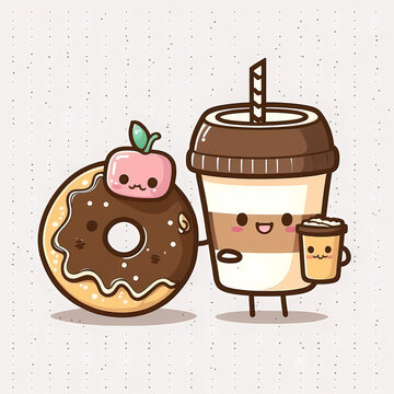 Donut and Beverage Kawaii Cute Illustration, Generative AI