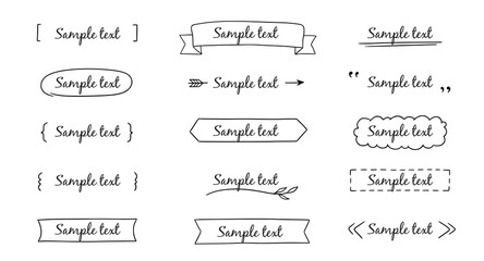 Text title frame handwriting ribbon, square, circle decoration element. Doodle cute title frame simple text box, label, tag. Hand drawn sketch style decoration. Vector illustration.