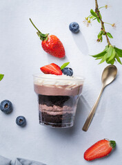 Trifle. Chocolate layered dessert in a glass with fresh strawberry and blueberry, biscuit and whipped cream. Healthy homemade organic cheesecake. Top view.