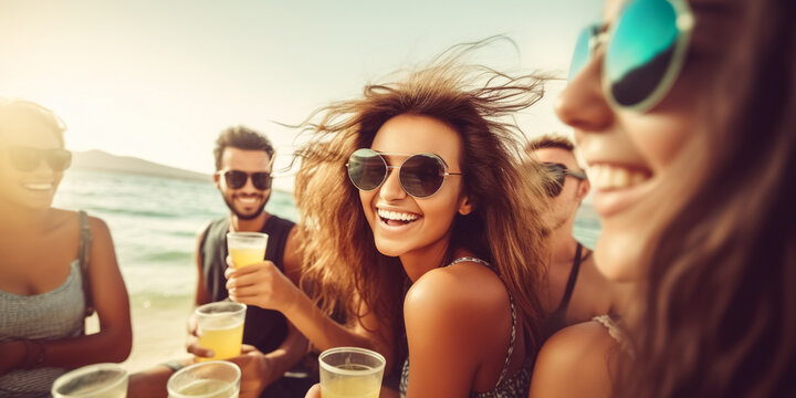 Happy friends have fun on the beach. Young people celebrating summertime party holding cocktail glasses outside. Summer vacations, lifestyle beverage concept. digital ai	