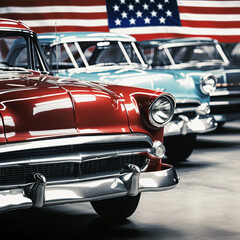 Plakat Vintage american sport car with american flag. American automobile industry concept. Generative AI