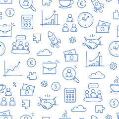 Business job icon doodle seamless pattern background. Business teamwork, office, career concept doodle line sketch style pattern with money, rocket, calculator element. Vector illustration © Polina Tomtosova