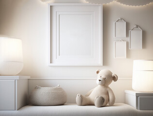 Fototapeta na wymiar Vertical big white frame and three small frames mockup on wall with teddy bear. Empty print template for nursery room in soft color. Generative AI