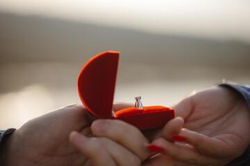 A young man presents an engagement ring to his girlfriend.