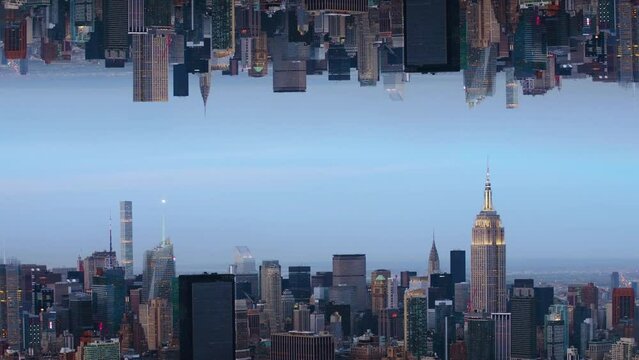 Surreal Vision of New York City. Futuristic Aerial View of Midtown Skyline. Parallel Dimension Inception Style Mirror Effect. NY, United States. 