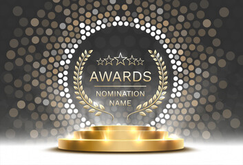 Awards nomination name podium, golden prize event, scene star ceremony. Vector illustration