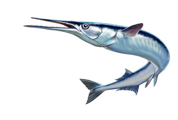 Garfish or Beakfish or Needlefishin motion jumps out of the water. Sea Pike illustration isolate realistic.