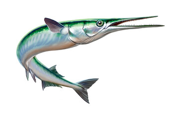 Garfish or Beakfish or Needlefishin motion jumps out of the water. Sea Pike illustration isolate realistic. - 591269792