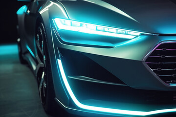 Modern electric supercar with LED headlight optics in the night city. Generative AI
