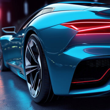 Future super blue electric car with red headlights and wheel in the night city. Generative AI