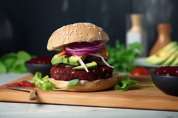 Ein leckerer veganer Burger auf dem Teller auf einem Tisch, gesundes veganes Essen