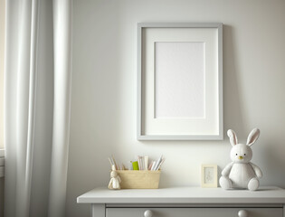 Vertical big white frame mockup on wall with bunny. Empty print template for nursery room in soft color. Generative AI
