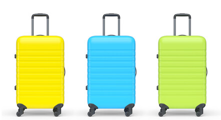 Set of luggage with beach accessories for summer holidays on white background.