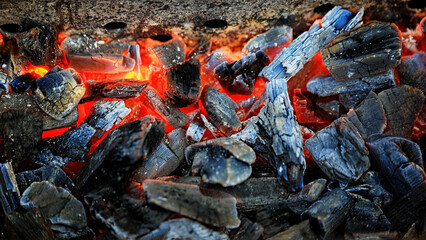 shot of burning charcoal with blurred background, close-up
