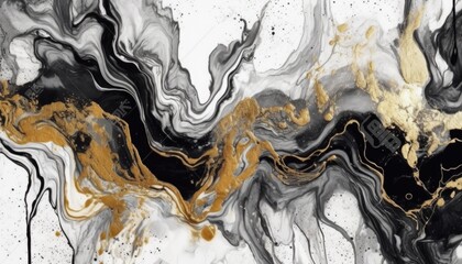 Black and gold Abstract background with golden glitters. Smooth fluid lines pattern. Ink art. Modern banner design. Trendy cover with wavy black and gold lines With copy space - Generative AI