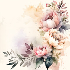Watercolor floral border green leaves burgundy maroon scarlet pink peach blush white flowers leaf Generative AI
